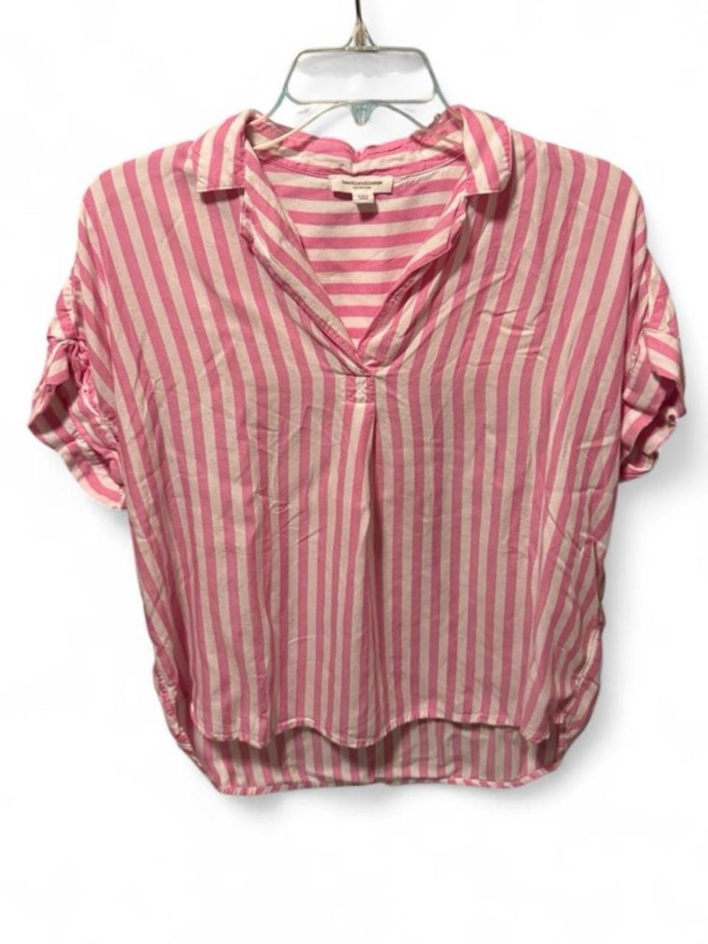 beachlunchlounge Pink and White Striped V-Neck Roll-Sleeve Blouse